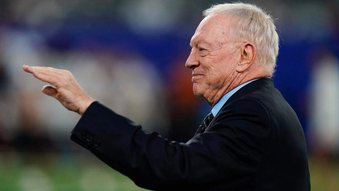 Dallas Cowboys owner Jerry Jones walks on the field before an NFL football game between the New York Giants and the Dallas Cowboys Monday, Sept. 26, 2022, in East Rutherford, N.J. (AP Photo/Frank Franklin II)
