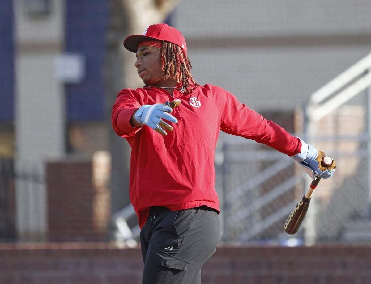 Jorvorskie Lane Jr. takes a cut at batting practice during Grapevine Mustang baseball practice at Grapevine High School in Grapevine, Texas, Tuesday, Feb. 17, 2026.