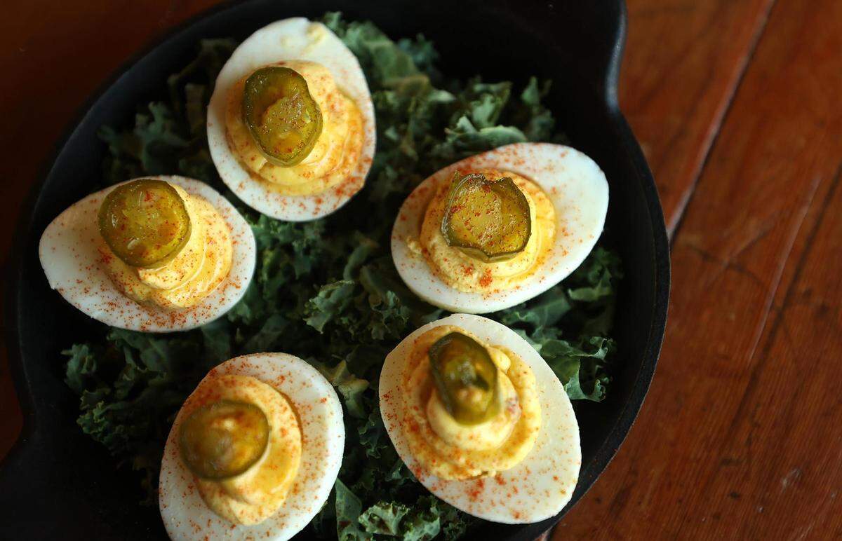 Candied Serrano and bacon deviled eggs at Brewed in Fort Worth.