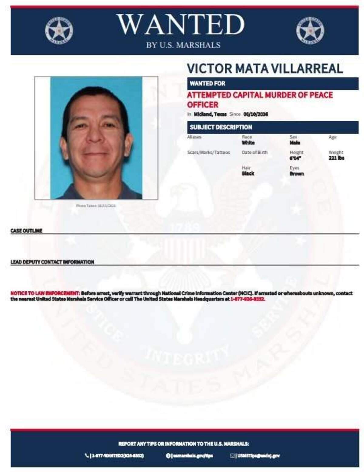 Victor Mata Villarreal was wanted on a charge of attempted capital murder of a peace officer after he fired at a Midland officer during a chase on Wednesday, June 10, authorities said. On Friday, June 12, Villarreal opened fire at officers and bystanders in an active shooter incident, killing one and injuring at least 10 people before he was found dead in an abandoned building, according to Texas DPS.