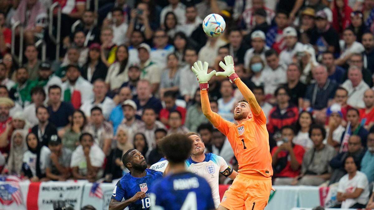 Goalkeeper Matt Turner of the United States makes a save against England’s Harry Kane during the World Cup group B soccer match between England and The United States, at the Al Bayt Stadium in Al Khor , Qatar, on Friday.