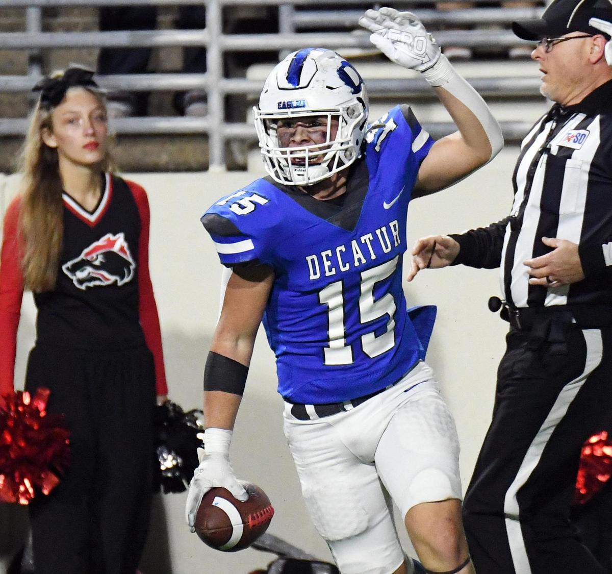 Decatur’s Lane Hesteande celebrates after intercepting a Wichita Falls pass in the fourth quarter of Friday’s December 2, 2022 4A Division 1 state quarterfinal football game at the Collins Athletic Complex in Denton, Texas. Decatur won 35-21. Special/Bob Haynes