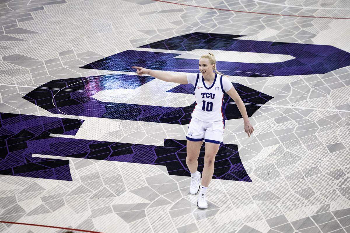 TCU guard Hailey Van Lith (10) celebrates after making a three-point shot in the first half of an NCAA game between TCU and Houston at Schollmaier Arena in Fort Worth on Wednesday, Feb. 26, 2025.