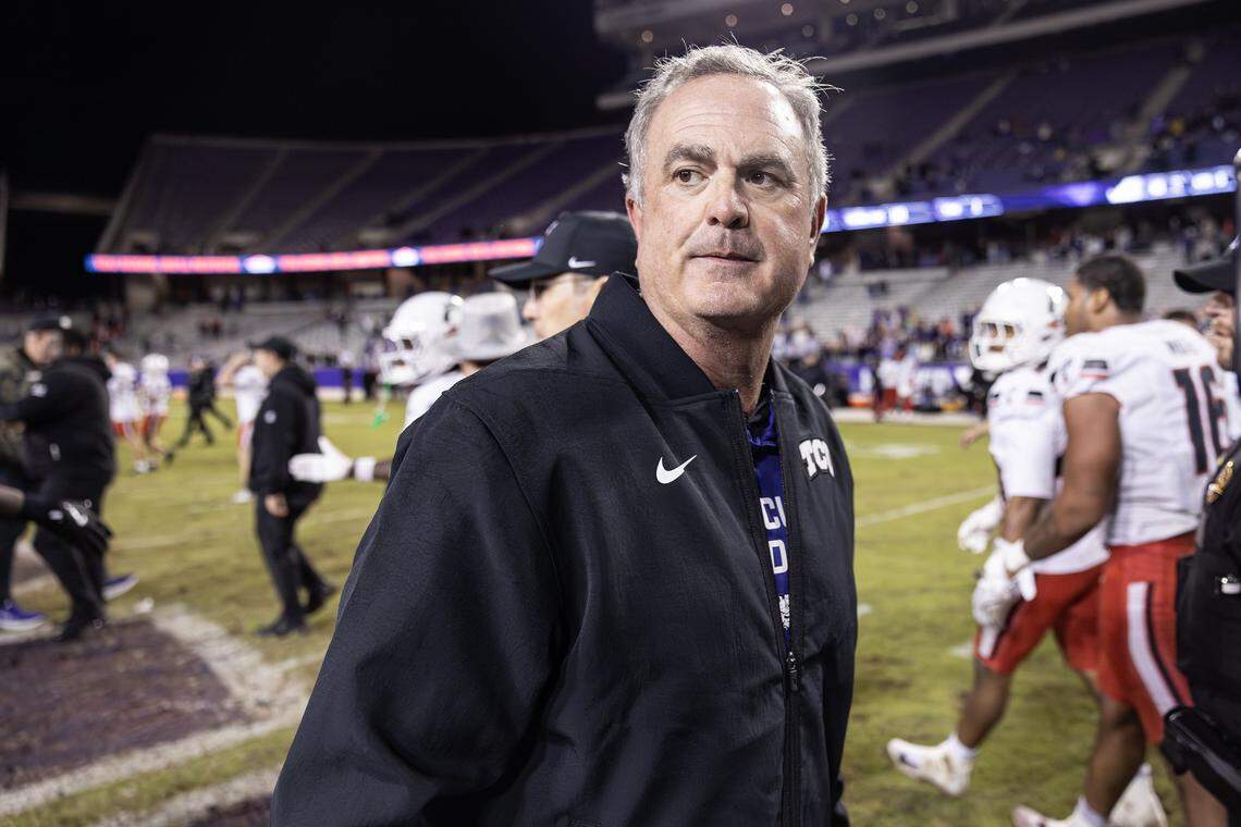 TCU Head Coach Sonny Dykes walks off the field following  a 45-23 Big XII conference win against the Cincinnati Bearcats at Amon G Carter Stadium in Fort Worth on Saturday, Nov. 29, 2025.
