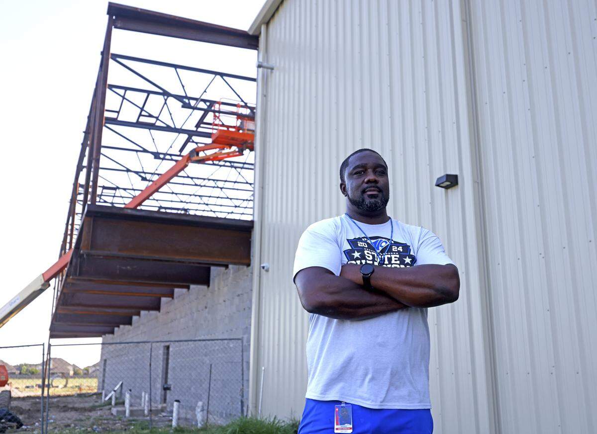 North Crowley head coach Ray Gates photographed outside the team’s new indoor practice facility after their first practice for the 2025 season in Fort Worth on Thursday.