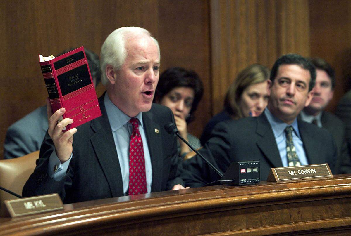U.S. Sen. John Cornyn questions panel members during a hearing before the U.S. Senate Judiciary Constitution, Civil Rights and Property Subcommittee in 2004. The committee convened to examine marriage laws and to discuss same-sex marriage.