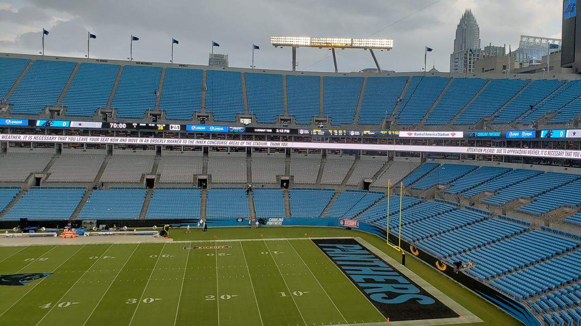 Fans and players were asked to clear the field and stands at Bank of America when lightning rolled in with a rainstorm about and hour and a half before the scheduled 3:25 p.m. kickoff.