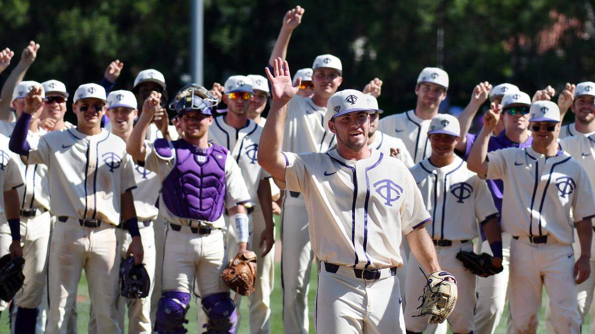 TCU pitcher Jake Eissler, center, is acknowledged by the crowd after the Horned Frogs' 9-5 win over Texas Tech Sunday at Lupton Stadium. Eissler threw four perfect innings of relief to earn the win for TCU, which took two of three from the Red Raiders.