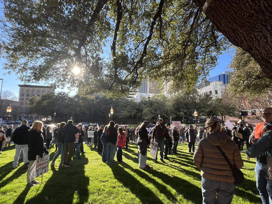 A crowd gathers at General Worth Square in downtown Fort Worth on Jan. 10, 2026, ahead of a planned protest of the ICE shooting of Renee Good in Minnesota on Jan. 7.