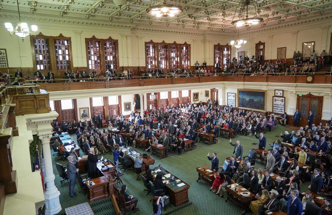 Senators take the oath of office in the Senate Chamber at the Capitol on the first day of the 88th Legislative Session in 2023. The 89th session begins Tuesday.