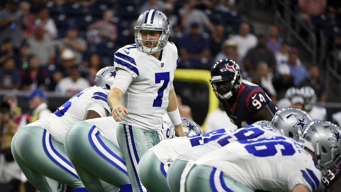 Cowboys quarterback Cooper Rush completed 3 of 8 passes for 19 yards and an interception in the first quarter against the Houston Texans Thursday night at NRG Stadium.