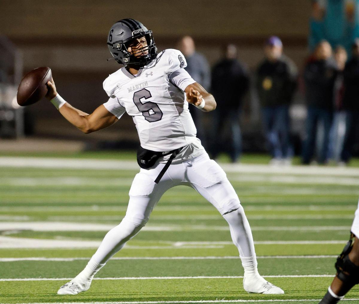 Martin quarterback Tristan Bittle (6) unloads down field in the first half of a UIL Conference 6A Division 1 area round football playoff game at Dragon Stadium in Southlake Texas, Friday, Nov. 17, 2023. Martin led 17-10 at the half.