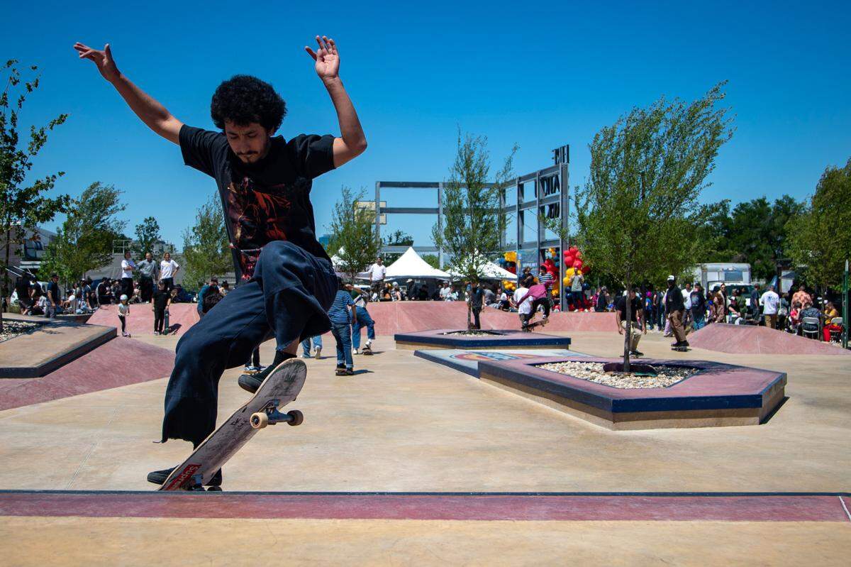 Bless, 23, from Houston lands a trick at the Dickies Skate Plaza in Fire Station Park on Saturday, April 29, 2023 in Fort Worth. The opening day event featured live music, food trucks and local vendors like Magnolia Skate Shop.