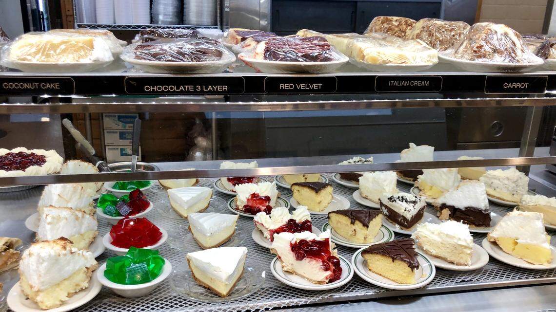 The pie rack for a typical recent lunch at Highland Park Cafeteria in Dallas.