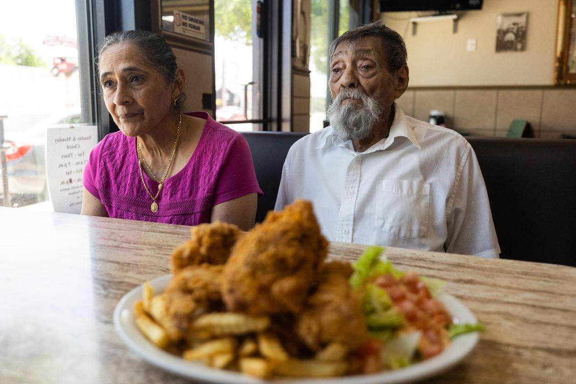 Maria Martinez and her late father Jesus Borja at the Jesus Family Restaurant on Main Street in Fort Worth.