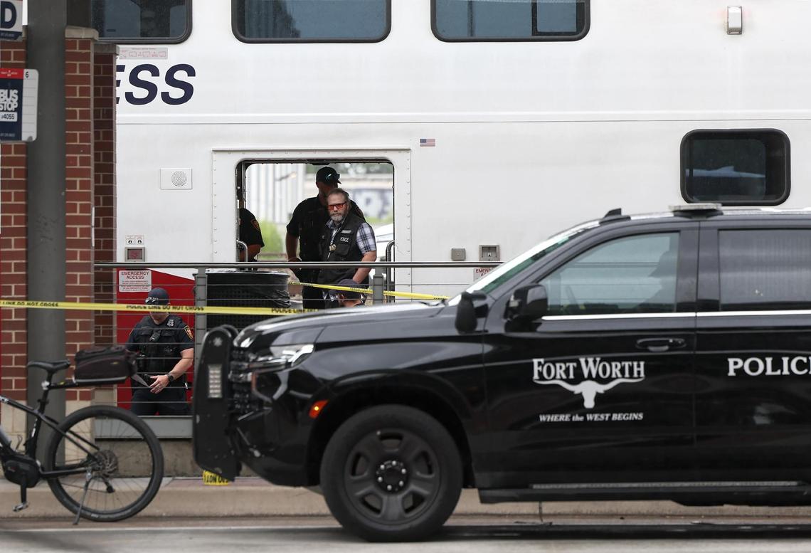 The Fort Worth Police Department investigates a shooting that wounded a man on a TRE train at the Fort Worth Central Station downtown on Friday, July 3, 2025.