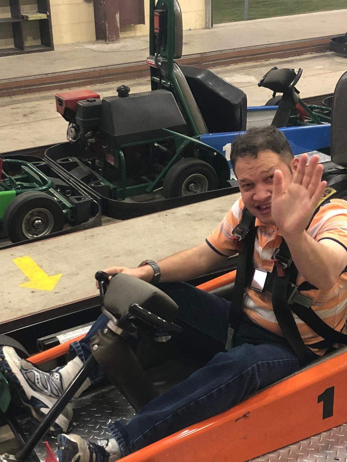 Michael Jameson, 32, rides in a go-kart. The resident of the Denton State Supported Living Center loves NASCAR, and his favorite driver is Joey Logano.