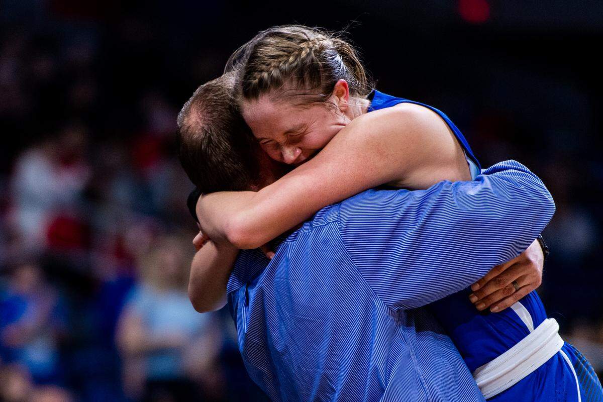 Senior Cambrie Heiman (22) hugs her coach Erci Schilling in the final moments of the 1A State Championship game between Nazareth and Lipan at the Alamodome in San Antonio on March 7th, 2020. (Matt Smith-Special to the Star-Telegram.)
