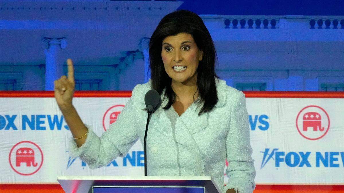 Republican presidential candidate former former U.N. Ambassador Nikki Haley speaks at Fiserv Forum during the first 2023 Republican presidential debate in Milwaukee on Wednesday, Aug. 23, 2023.