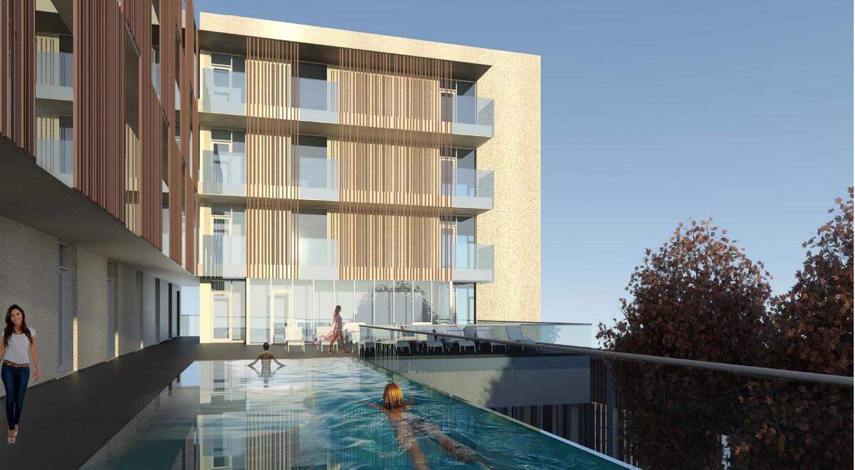 An artist’s rendering of a proposed hotel at 2412 Clinton Ave., on the eastern edge of the Stockyards.