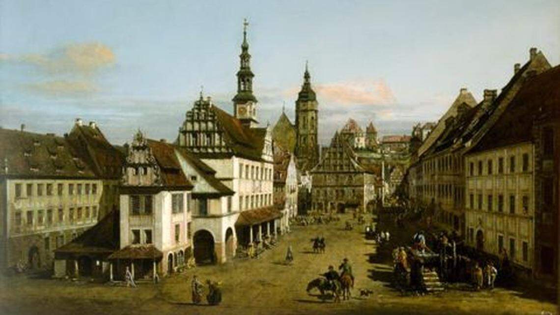 “The Marketplace at Pirna” painting by Bernardo Bellotto.