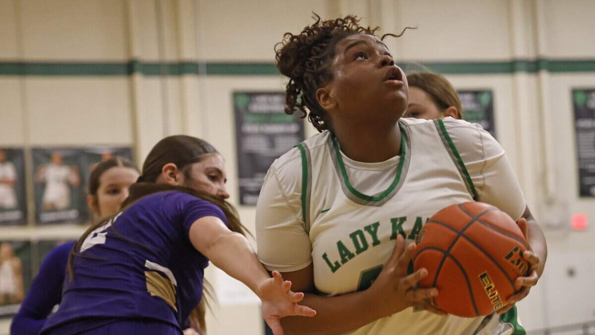 Kennedale Center Ivy Oonge (44) gets a look defended by Alvarado forward Carleigh Ray (2) during the first half of a UIL basketball game between Alvarado and Kennedale at Kennedale High School in Kennedale, Texas, Tuesday, Jan. 13, 2026