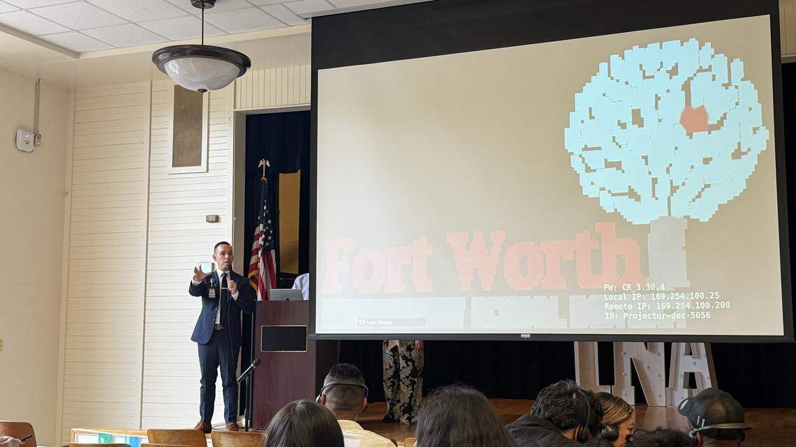 Fort Worth ISD deputy superintendent Daniel Soliz speaks to community members at a listening session before a vote next week on whether to close International Newcomers Academy