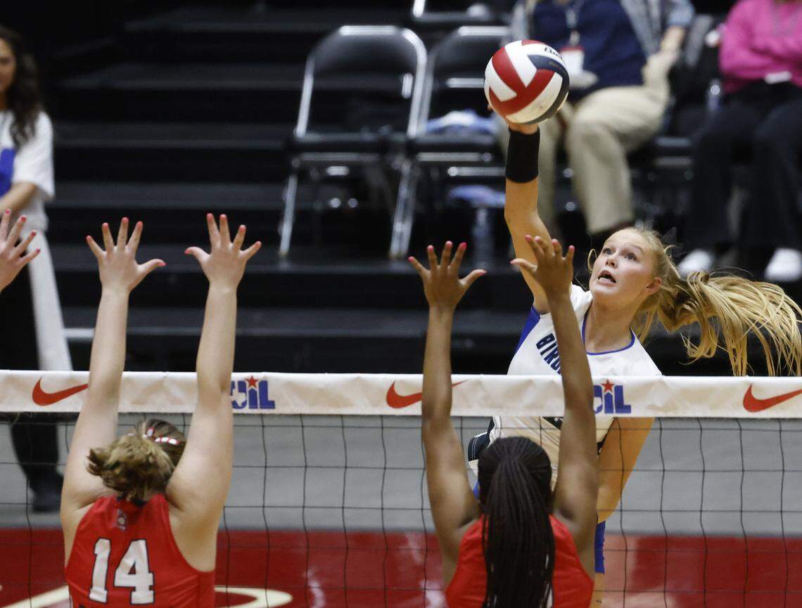 Trophy Club Byron Nelson outside hitter Ashlyn Seay (12) drops one over the net against Pearland Dawson during the first set of the UIL Class 6A Division I state volleyball championship game Saturday Nov. 22, 2025 at Curtis Culwell Center in Garland, Texas.