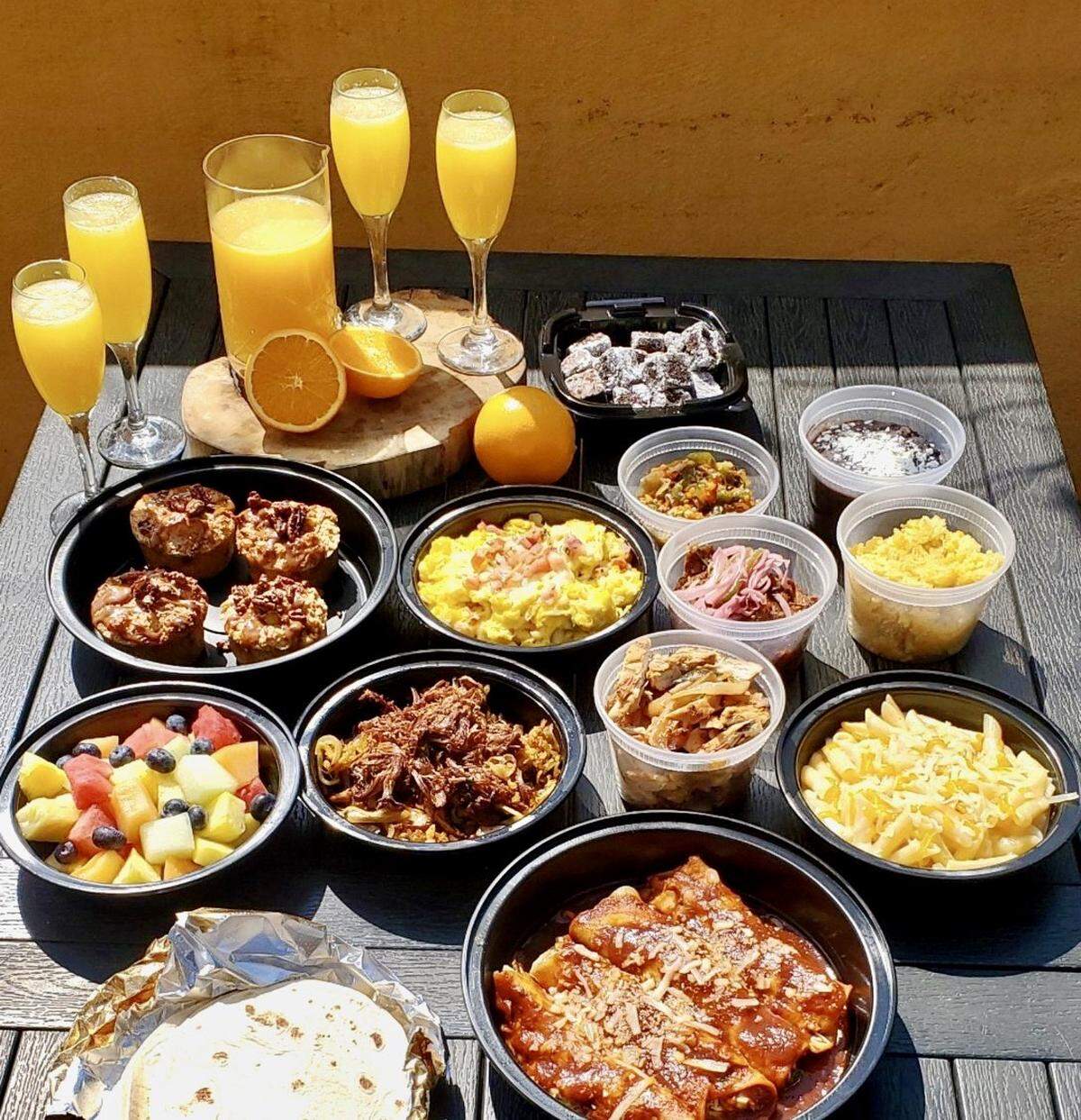 Blue Mesa Grill serves a take-home version of its Sunday brunch with enchiladas, tacs, migas and French toast.