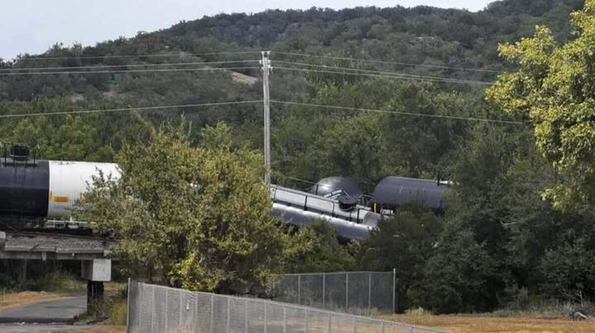 A section of derailed train cars in Palo Pinto County, Texas, on Tuesday, Aug. 12, 2025.