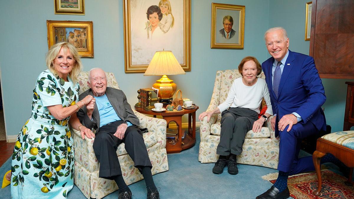 In this April 30, 2021, photo released by The White House, former President Jimmy Carter and former first lady Rosalynn Carter pose for a photo with President Joe Biden and first lady Jill Biden at the Carters’ home in Plains, Georgia. (Adam Schultz, The White House via AP)