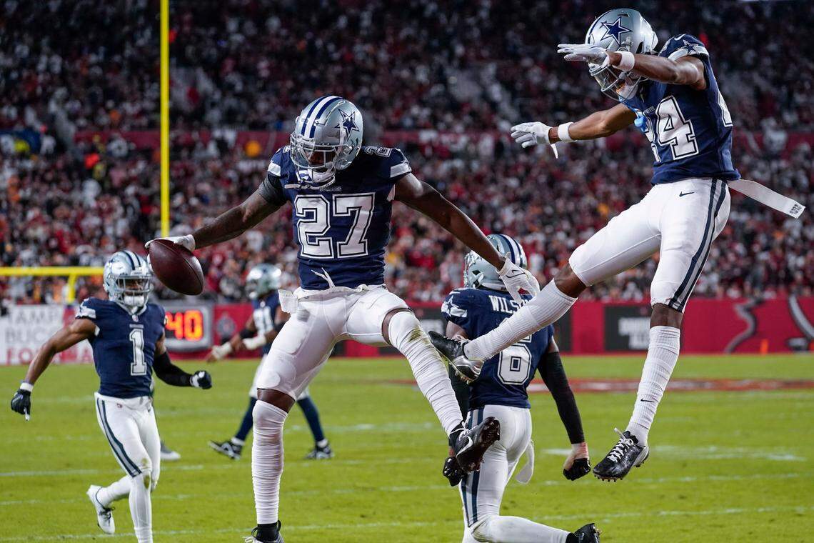 Dallas Cowboys safety Jayron Kearse (27) celebrates intercepting the ball against Tampa Bay Buccaneers quarterback Tom Brady during the first half of an NFL wild-card football game, Monday, Jan. 16, 2023, in Tampa, Fla. (AP Photo/Chris O’Meara)