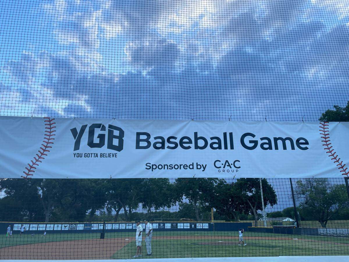 A banner for the “You Gotta Believe” baseball game at Westside Little League.