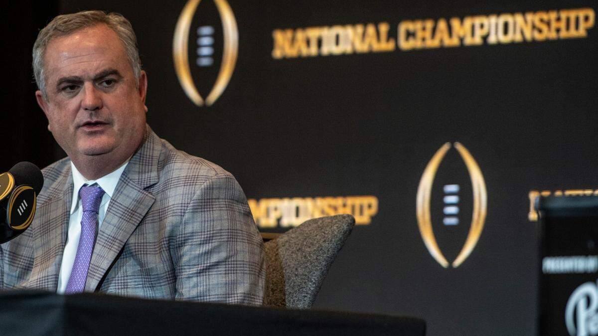 TCU head coach Sonny Dykes speaks during a news conference ahead of the national championship NCAA College Football Playoff game between Georgia and TCU, Sunday in Los Angeles.