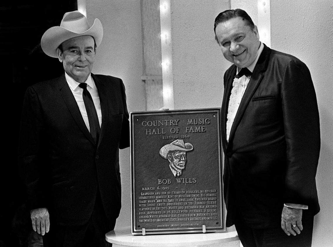 "Texas Playboy" Bob Wills, left, of Fort Worth posed after he was named to the Country Music Association Hall of Fame during the second CMA Awards show Oct. 18, 1968, at the Ryman Auditorium in Nashville, Tennessee. Tex Ritter was a presenter.