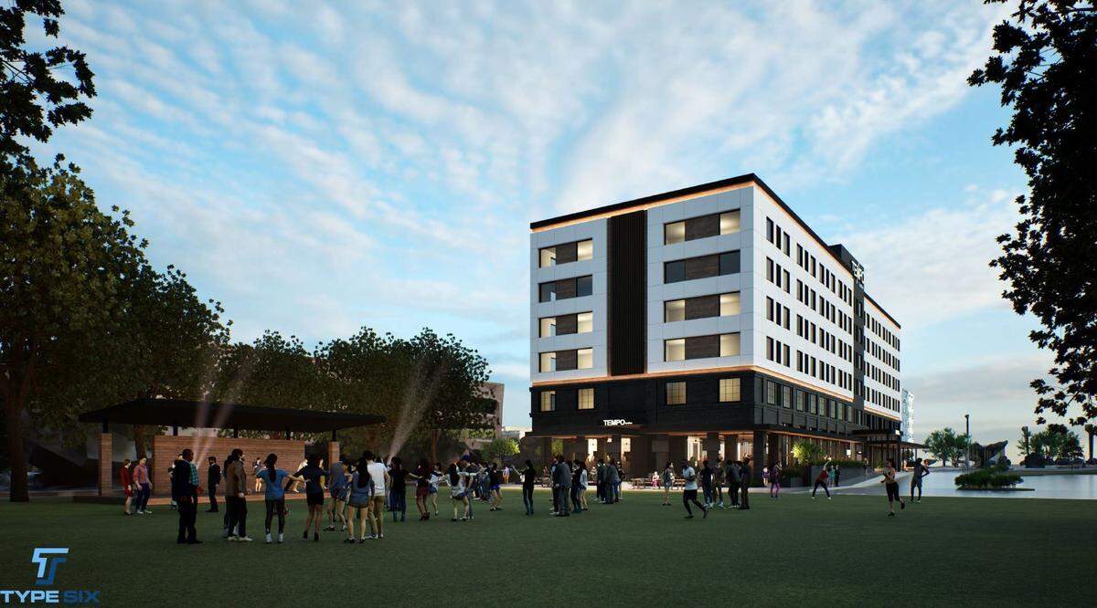 A rendering of a new six-story Tempo hotel by Hilton proposed at 1200 Hemphill St., between West Magnolia Avenue and West Rosedale Street. This image shows the view from the adjacent Magnolia Green Park.
