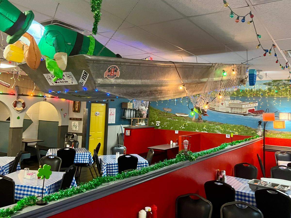 The interior at Catfish Sam’s, a 1990-vintage restaurant in Arlington, Texas, seen March 21, 2023.