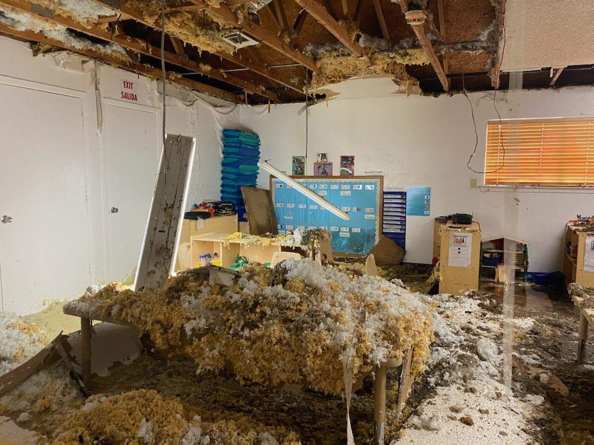 Burst pipes caused the ceiling to fall in at the Mid-Cities Head Start child care center in Euless., which serves the refugee population there. The center remained closed for a year during repairs.