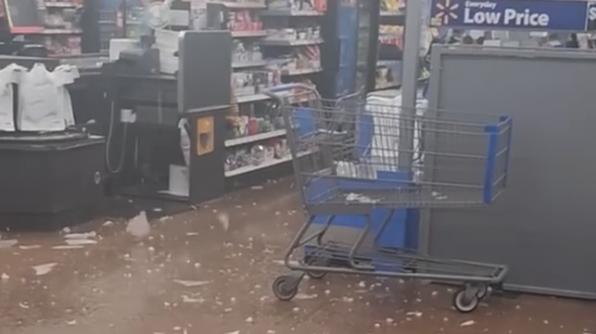 A Walmart store was drenched in rain and hail during a storm Wednesday, July 19, in Rice Lake, Wisconsin.