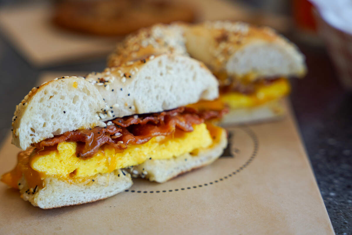 The classic bacon egg and cheese bagel sandwich from Barry Bagels, an Ohio based bagel chain building 30 locations across Texas.