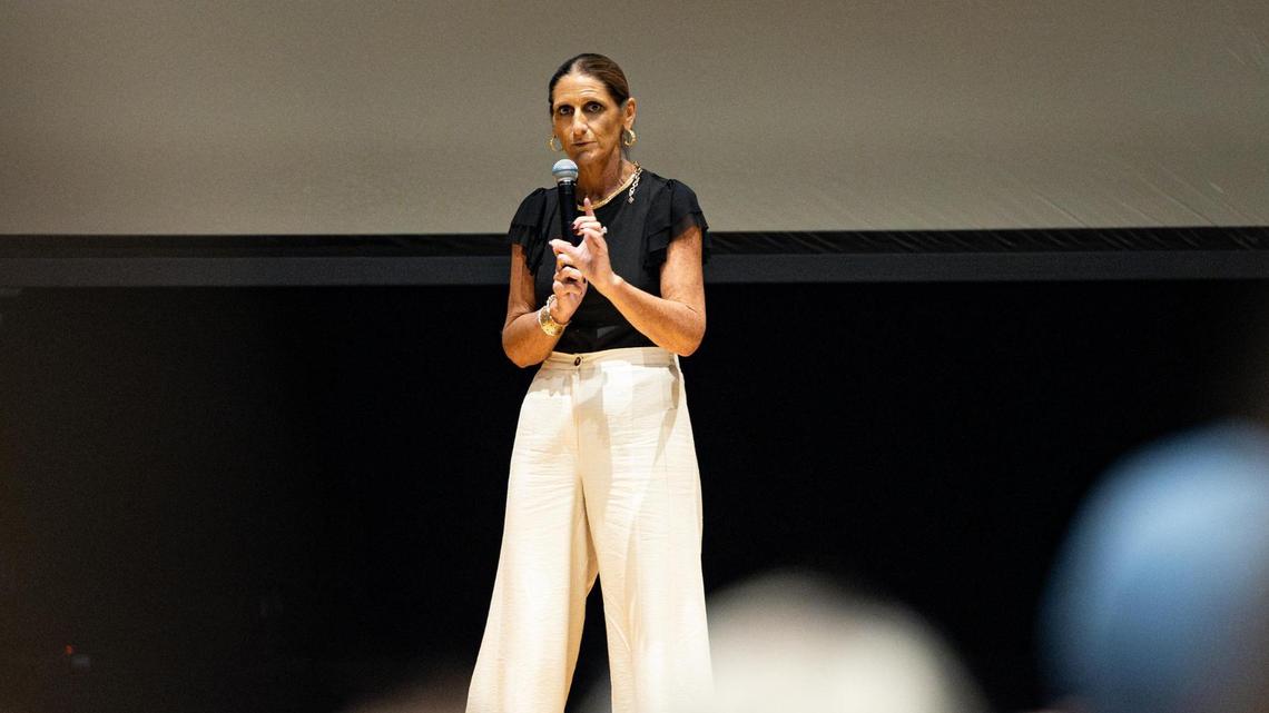 Karen Molinar, the newly appointed superintendent of the Fort Worth Independent School District, speaks to the community members in attendance during the third FWISD community meeting to discuss potential school closures on Thursday, Feb. 27, at Benbrook Middle-High School.