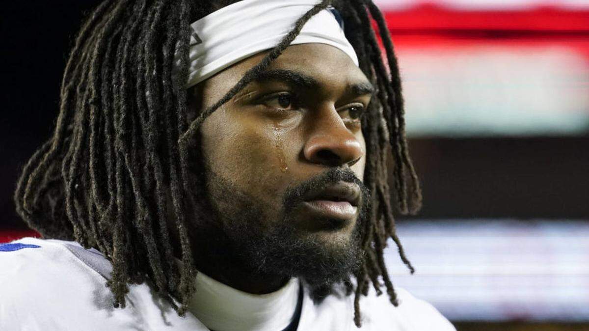 Disappointed Dallas Cowboys cornerback Trevon Diggs sheds a tear after the Cowboys were defeated by the San Francisco 49ers in an NFL divisional playoff football game in Santa Clara, Calif., Sunday, Jan. 22, 2023.