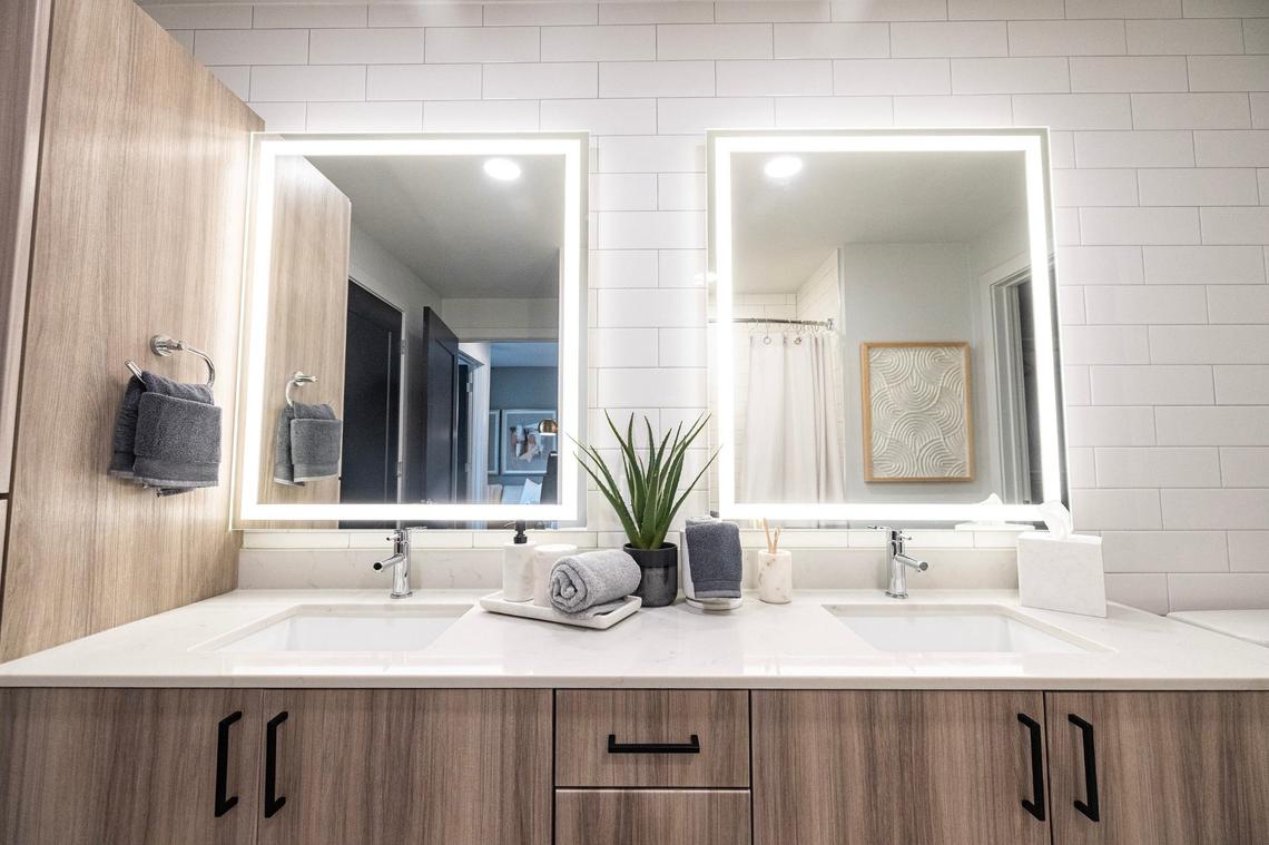 A model of the small to medium sized one bedroom, one bathroom apartment in the new Deco 969 High-Rise Apartments in downtown Fort Worth on Wednesday, July 17, 2024.