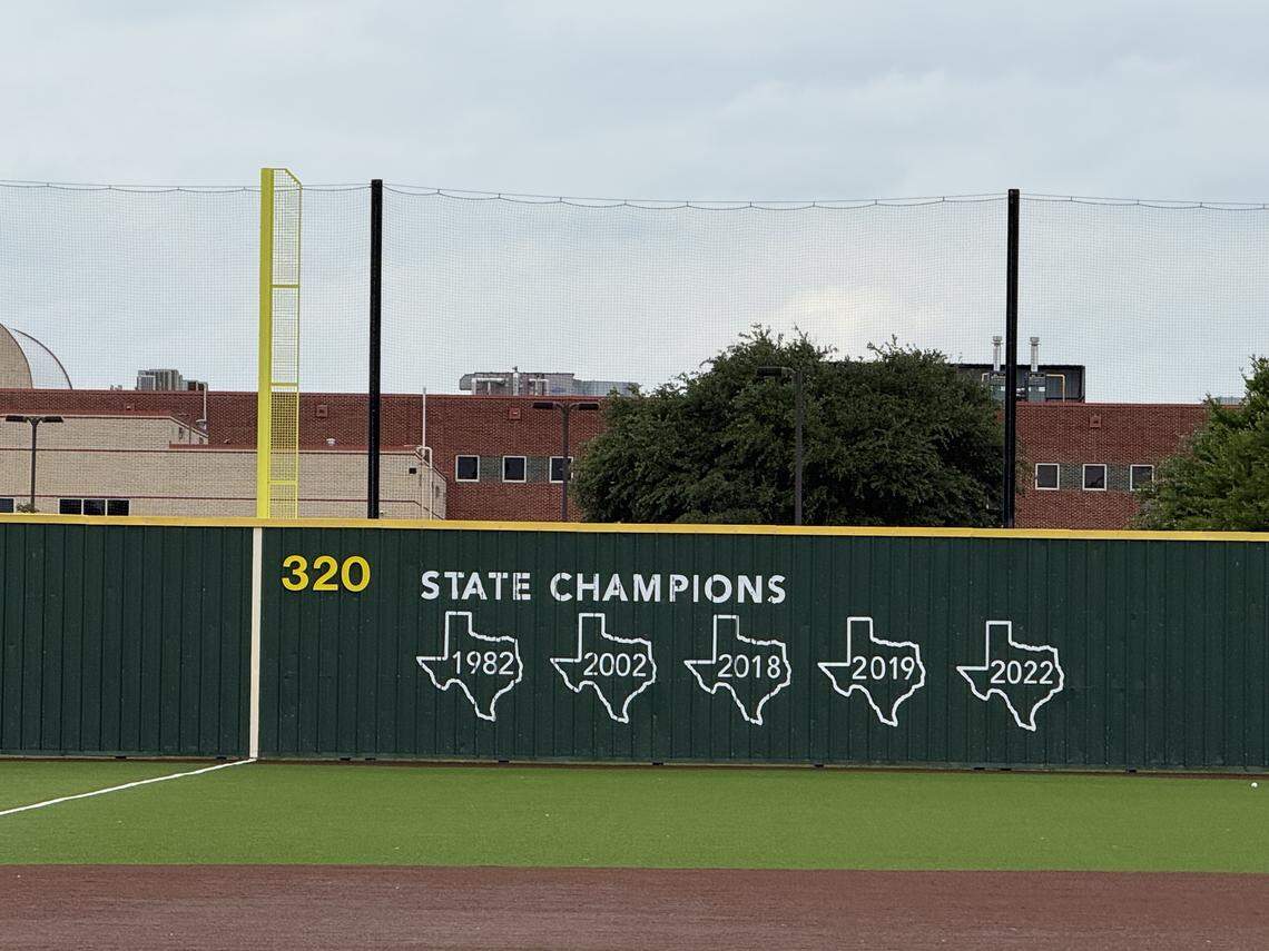 Southlake Carroll baseball displays state championship logos at Southlake Carroll Senior High School in Southlake, Texas, Thursday, April 23, 2026.