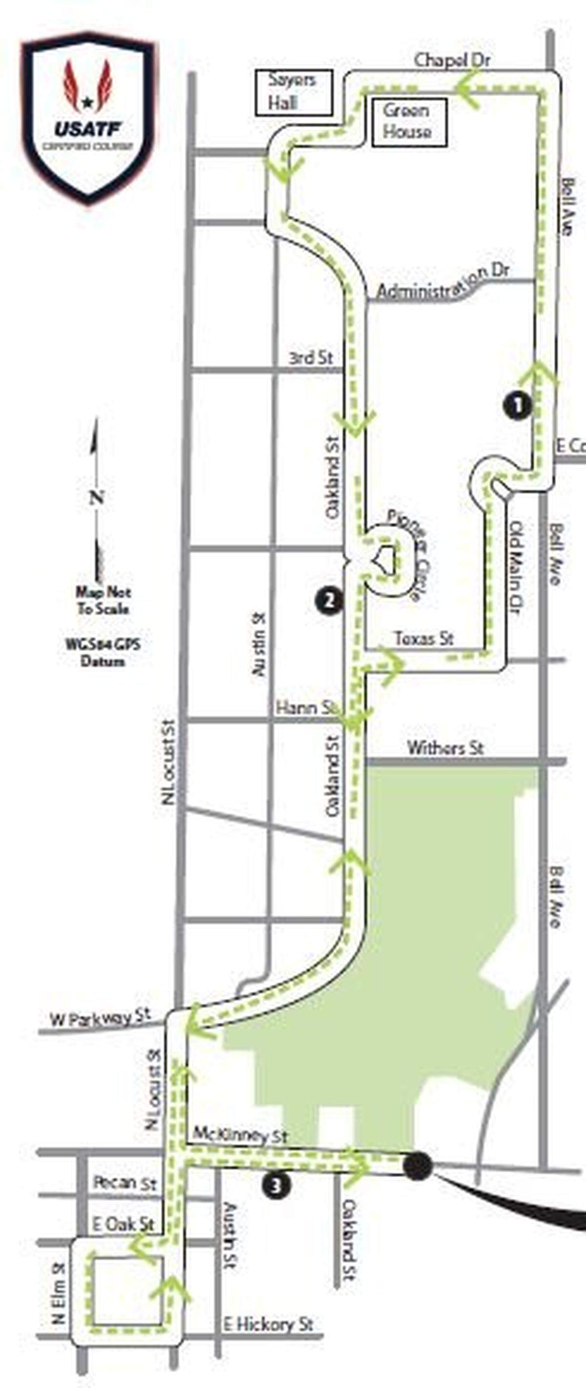Downtown Denton Turkey Trot route for a 5K race.