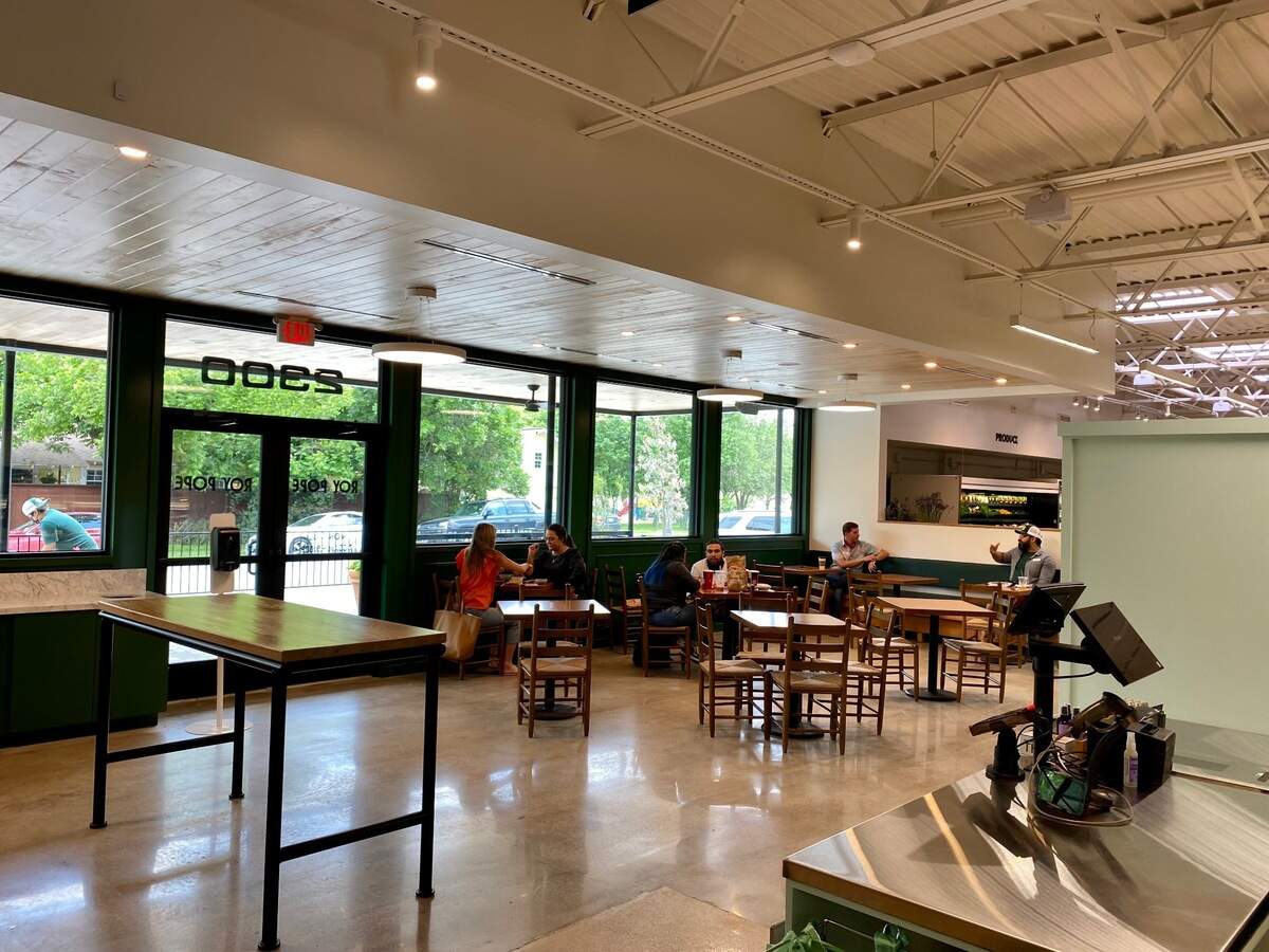 The remodeled Roy Pope Grocery has a large dining area and patio for breakfast through dinner with coffee, beer and wine.