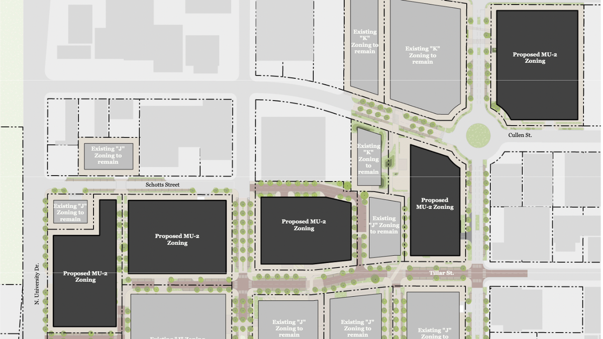 A rough sketch of the $850 million development in Fort Worth’s westside, portions of which developers hope to rezone in May