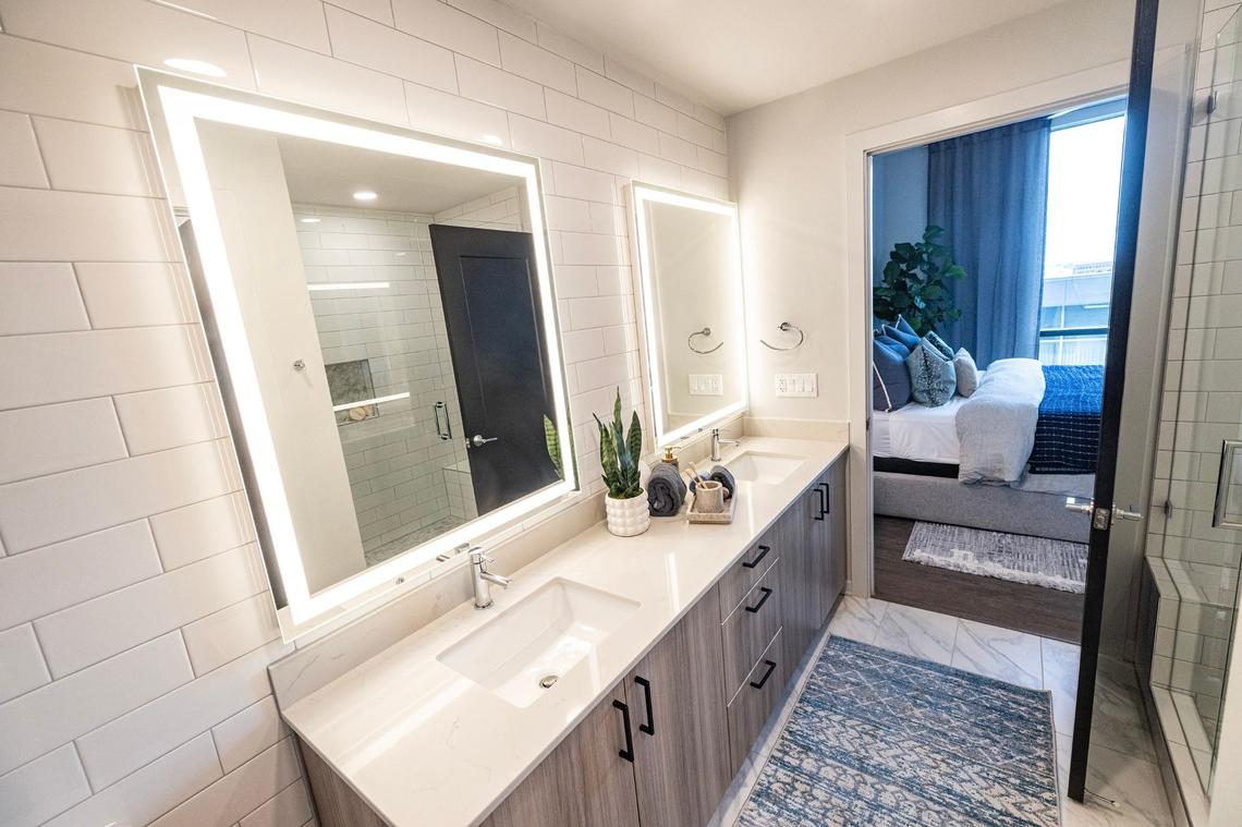 A model of the two bedroom, two bathroom apartment in the new Deco 969 High-Rise Apartments in downtown Fort Worth on Wednesday, July 17, 2024.