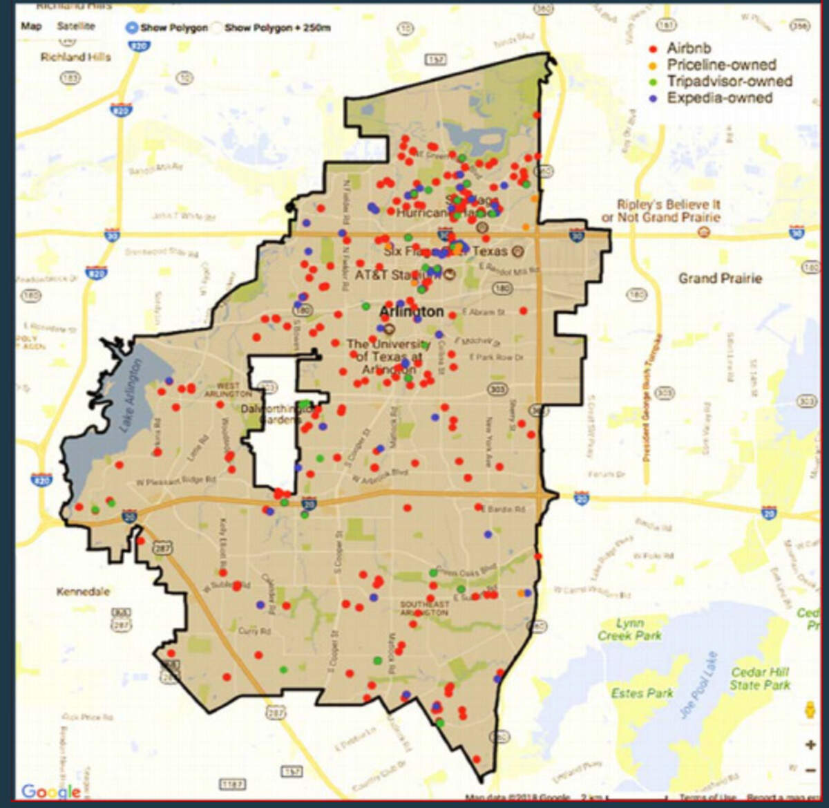 There are 409 vacation rentals that have been identified in Arlington. Most are in the northern half of the city as this map shows.