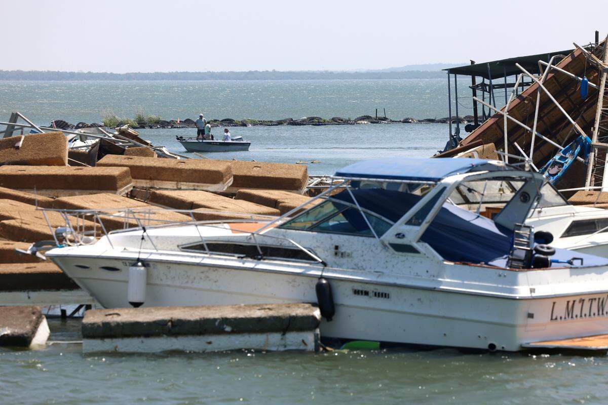 Severe storms damaged multiple boat slips at Ray Roberts Marina in Sanger on Sunday, May 26, 2024.
